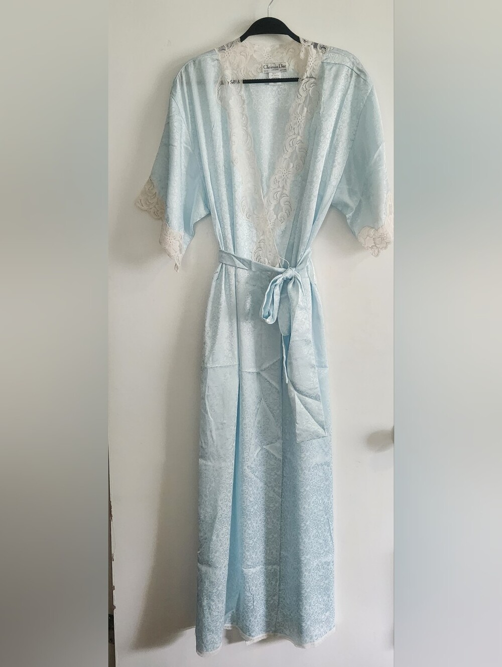 Vintage Christian Dior Robe 80s Blue Satin Floral Jacquard Lace Trim Long Wrap S